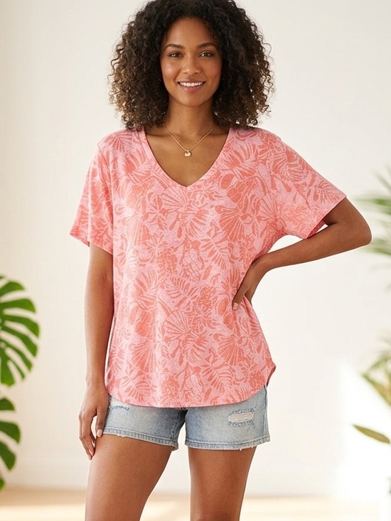 Nicole Miller Tops - Nicole Miller Linen Coral-Pink Tropical Print V-Neck Tee NEW!
